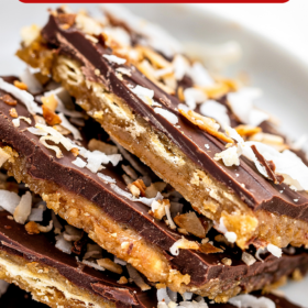 Saltine cracker toffee stacked on top of each other.
