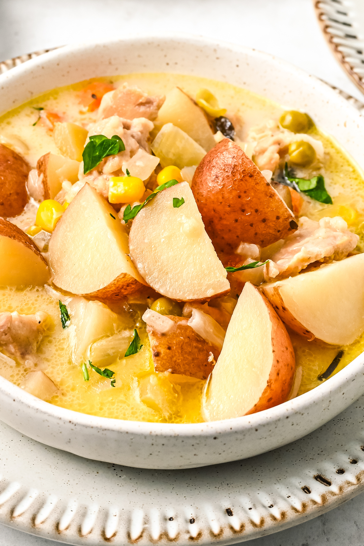 Stew with chicken, potatoes, peas, and other ingredients in a white bowl on a dinner plate.