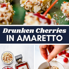 Drunken cherries with white chocolate dipped in almonds on a plate.
