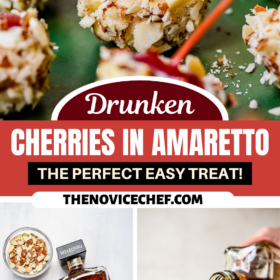 Amaretto drunken cherries on a plate, ingredients in bowls and amaretto being poured on top of cherries.
