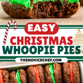 A bite taken out of a chocolate whoopie pie and christmas whoopie pies with red and green frosting stacked on their sides.