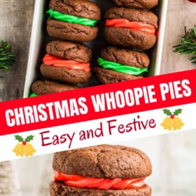 Christmas whoopie pies in a tray and stacked on top of each other.