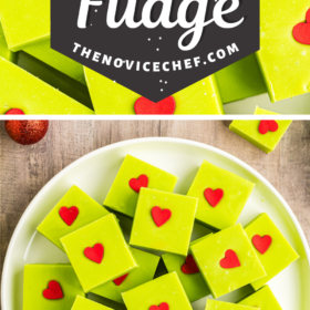 Green fudge with red heart in the center on a plate.