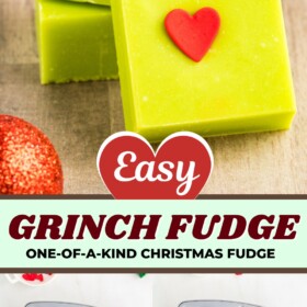 Green fudge in a pan and sliced into squares with red hearts.