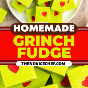 Grinch fudge cut into squares and stacked on top of each other on a plate.