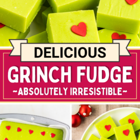 Green grinch fudge in a baking pan and cut into squares on a plate.