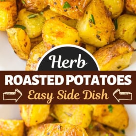 Roasted potatoes in a bowl and a fork taking a potato.