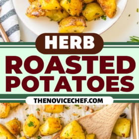 Herb roasted potatoes on a sheet pan with a wooden spoon and potatoes on a plate.