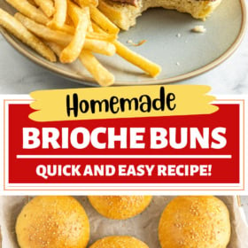 Brioche buns sliced in half with a burger in the center and 5 brioche buns on a parchment paper lined cookie sheet.