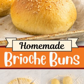 Brioche buns on parchment paper lined cookie sheet and dough balls being formed into shape.