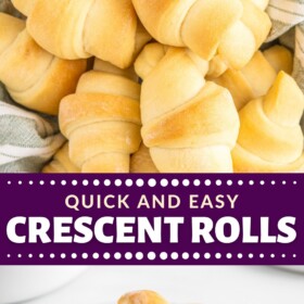 Homemade crescent rolls in a bowl lined with a tea towel and on a plate with melted butter on top.