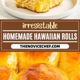 A Hawaiian roll on a plate and rolls brushed with butter in a pan.