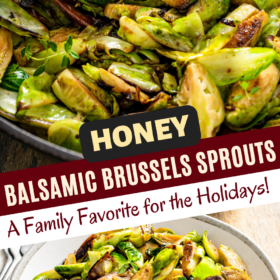 Sautéed Brussels sprouts in a honey, balsamic glaze in a skillet and in a bowl.
