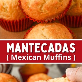 Homemade Mantecada muffins in red liners and a muffin being dunked in a cup of coffee.
