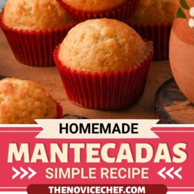 Mantecadas stacked on top of each other, batter in a bowl, and batter in muffin tin.