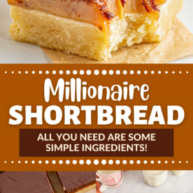 Millionaire's shortbread cut in squares on parchment paper and stacked on top of each other.