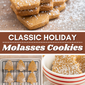 Molasses cookies cut into Christmas trees and sprinkled with powdered sugar.
