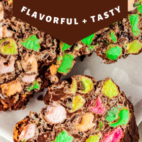 Stained glass cookies with chocolate and rainbow marshmallows sliced into pieces.