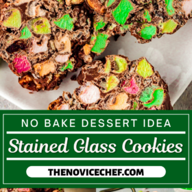 NO bake stained glass cookies with chocolate and marshmallows on a tray.