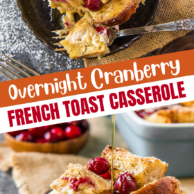 Cranberry French toast casserole on a plate being drizzled with syrup and a fork taking a bite.