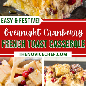 Overnight French toast casserole with cranberries in a casserole dish and sliced on a plate.