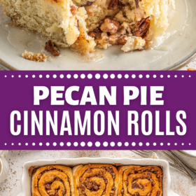 Pecan cinnamon rolls in a baking dish and on a plate.