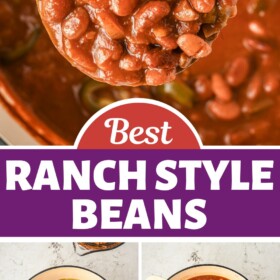 Texas ranch style beans in a ladle and being made in a pot with a wooden spoon stirring them.