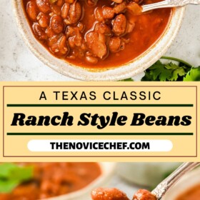 A bowl of ranch style beans with a spoon scooping up a bite.