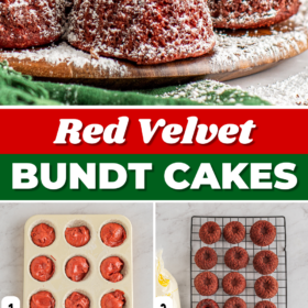 Red velvet bundt cakes on a platter with icing on top and mini bundt cakes being baked and frosted.