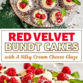 Red velvet bundt cakes with cream cheese and raspberries on top.