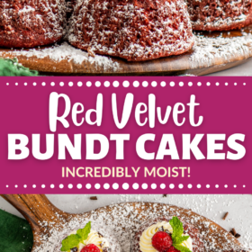 Red velvet bundt cakes topped with cream cheese, raspberries and mint leaves.