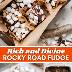 Rocky road fudge cut into squares on parchment paper and in a metal tin.