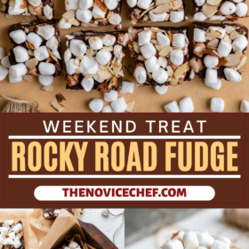 Rocky road fudge cut into squares and then stacked on parchment paper.