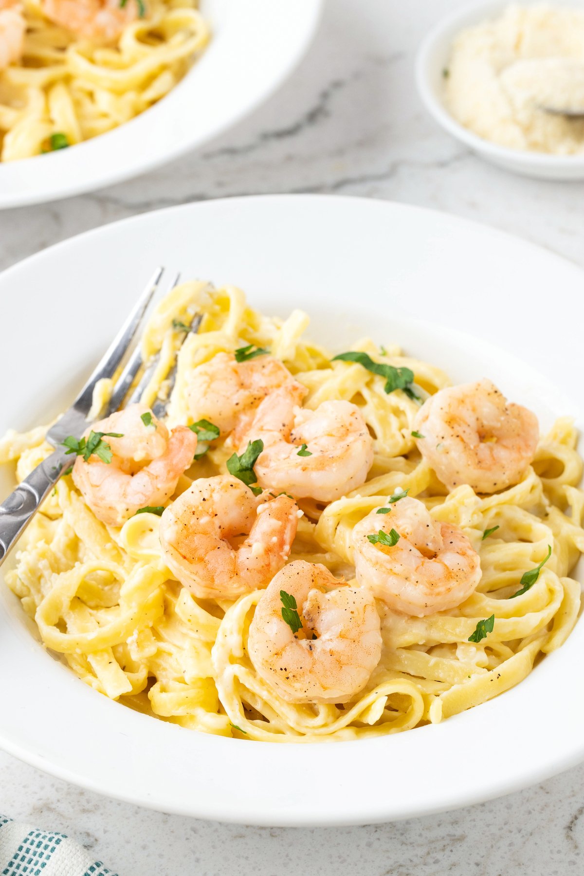 A serving of creamy shrimp alfredo in a large, shallow dinner bowl.
