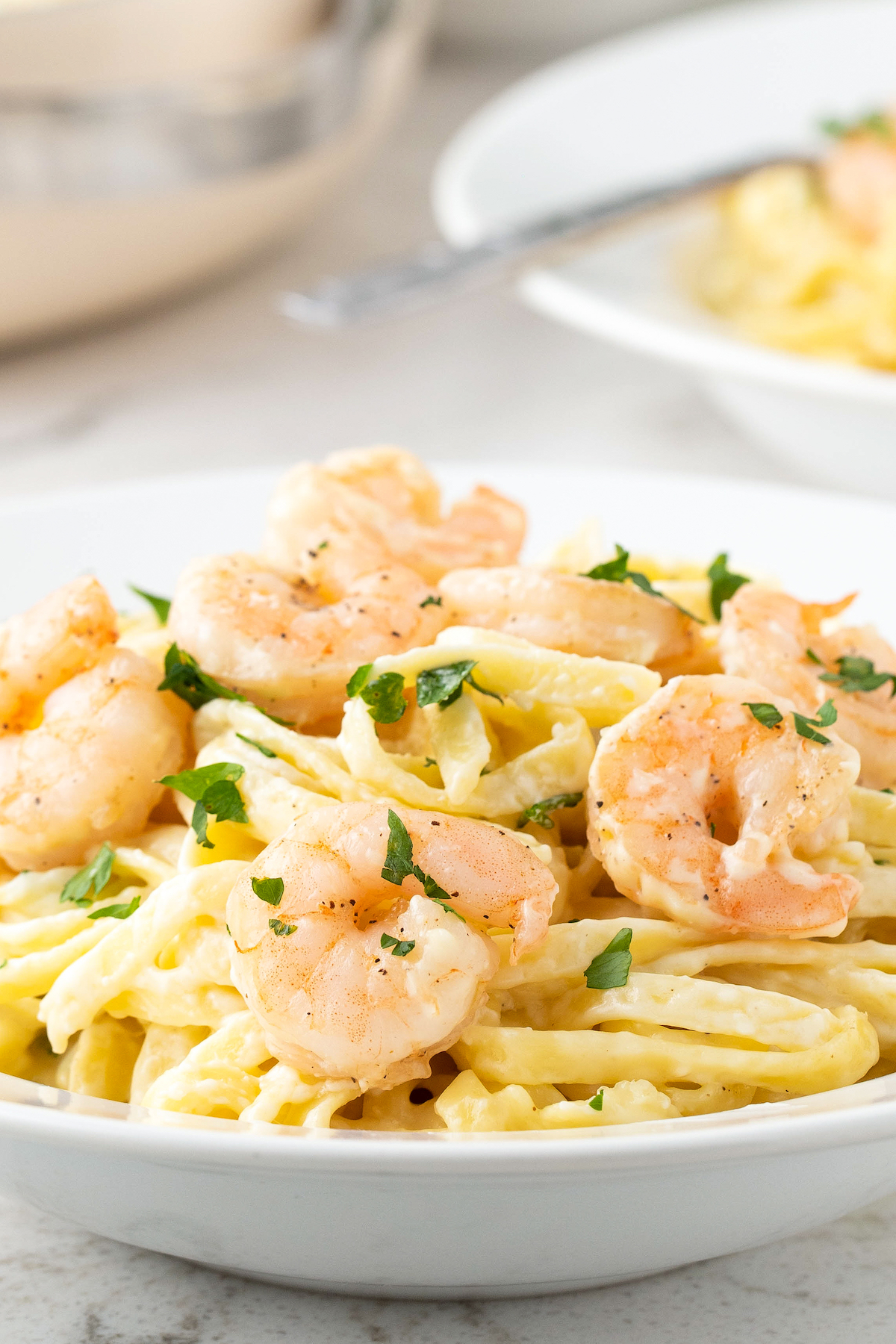 Shrimp pasta with creamy sauce.