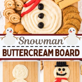 Buttercream snowman on a cutting board with cookies around it.
