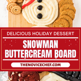 Buttercream snowman on a cutting tray with cookies around it.