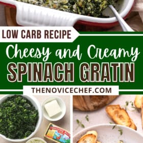 Spinach gratin in a casserole dish and ingredients in bowls.