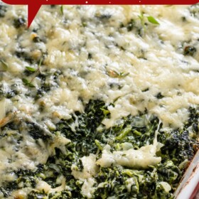 Baked spinach gratin in a baking dish with a spoon.