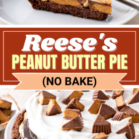 A slice of pie on a plate and a whole chocolate and peanut butter pie with Reeses cups on top.