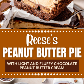 A slice of no bake peanut butter pie and the pie being topped with whip cream and Reeses cups.