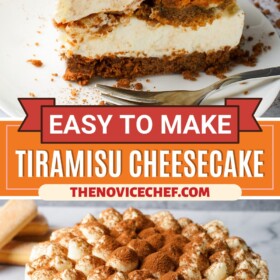 A slice of tiramisu cheesecake on a plate and a no bake cheesecake on a platter.