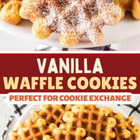 Vanilla waffle cookies stacked on top of each other on a plate and a cookie dusted with powdered sugar.