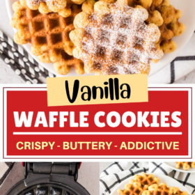 Waffle cookies dusted with powered sugar and stacked on a plate and being made in a waffle iron.