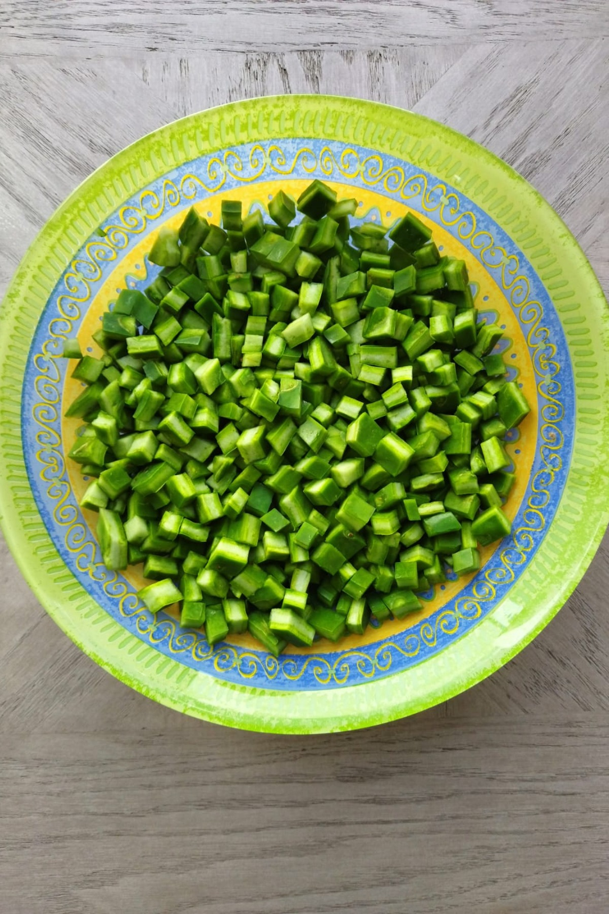 Diced nopales in a bowl.