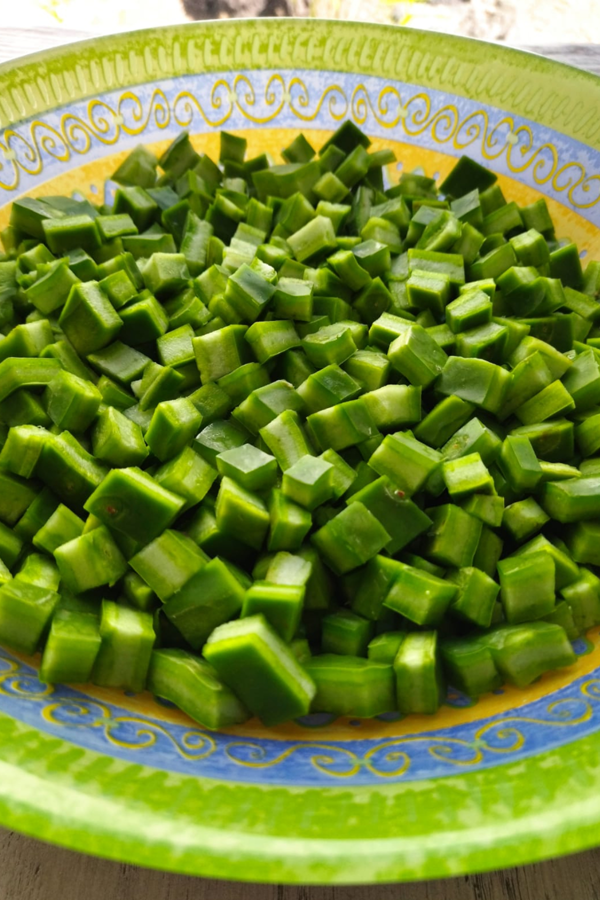 Close-up of diced cactus.