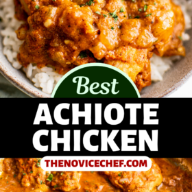 Achiote chicken with herbs on top of a bowl of rice.