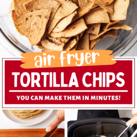 Tortilla chips being fried in an air fryer and tortilla chips in a bowl.