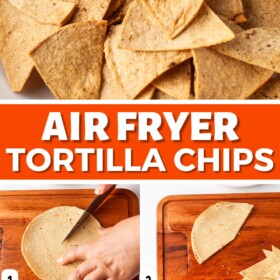 Tortillas being cut into triangles and placed in an air fryer basket.