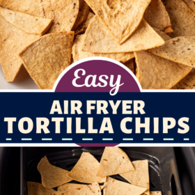 Air fryer tortilla chips on a plate and in an air fryer basket.